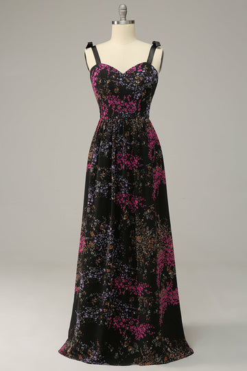 A Line Spaghetti Straps Black Mixed Flower Plus Size Ball Dresses